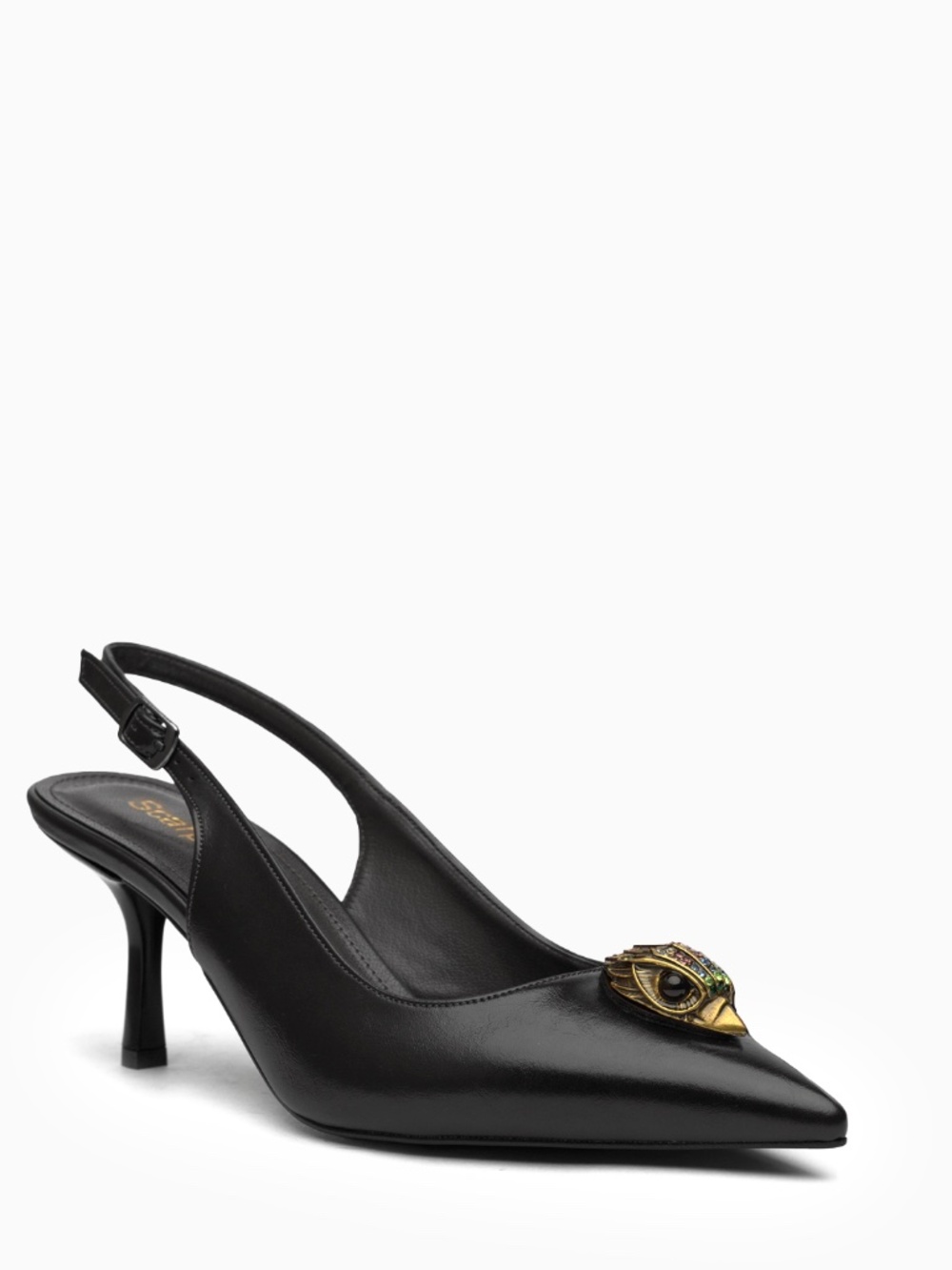 Talismano Slingback Heels: Antiqued Gold Winged Eye Emblem, 70mm Slim Heel